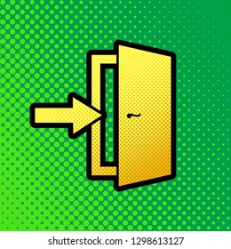 Door Exit sign. Vector. Pop art orange to yellow dots-gradient icon with black contour at greenish background.