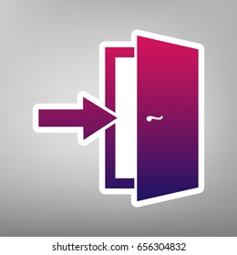 Door Exit sign. Vector. Purple gradient icon on white paper at gray background.