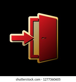 Door Exit sign. Vector. Red icon with small black and limitless shadows at golden sticker on black background.