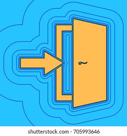 Door Exit sign. Vector. Sand color icon with black contour and equidistant blue contours like field at sky blue background. Like waves on map - island in ocean or sea.