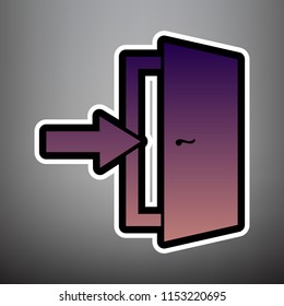 Door Exit sign. Vector. Violet gradient icon with black and white linear edges at gray background.