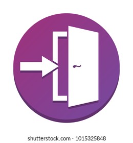 Door Exit sign. Vector. White icon with flat shadow on purpureus circle at white background. Isolated.