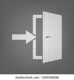 Door Exit sign. Vector. White knitted icon on gray knitted background. Isolated.