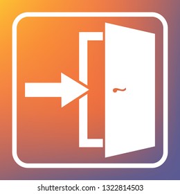 Door Exit sign. Vector. White icon on transparent button at orange-violet gradient background.
