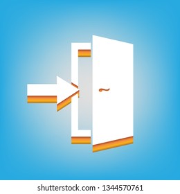 Door Exit sign. Vector. White icon with 3d warm-colored gradient body at sky blue background.