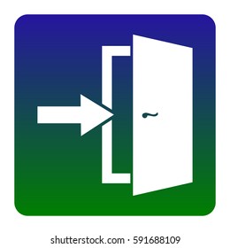 Door Exit sign. Vector. White icon at green-blue gradient square with rounded corners on white background. Isolated.