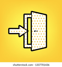 Door Exit sign. Vector. Yellow polka dot white icon with black contour at warm yellow background.
