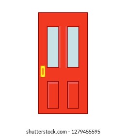 Door exterior decoration security entrance vector flat icon. House red doorway