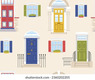 Patrón exterior de la puerta sin soldadura. Elemento de diseño repetitivo para imprimir en tela. Fachada de cabaña y edificios. Propiedad privada e inmueble. Dibujo vectorial plano de dibujos animados