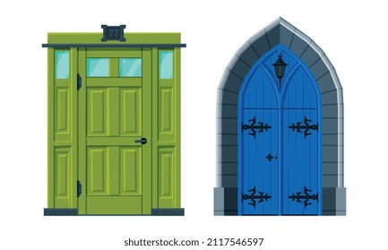 Door Facade in Vintage Style as Vertical Hinged Building Entry Vector Set