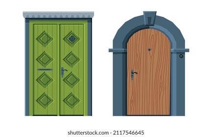 Door Facade in Vintage Style as Vertical Hinged Building Entry Vector Set