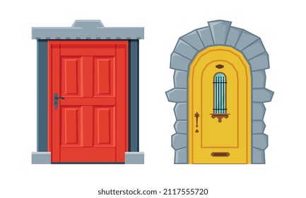 Door Facade in Vintage Style as Vertical Hinged Building Entry Vector Set