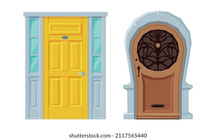 Fachada de puerta en estilo vintage como conjunto de vectores de entrada de edificio con bisagra vertical