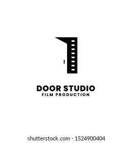 Door Film Maker Logo Design. Film Strip With Door Vector Illustration For Movie Studio Production Graphic Template.