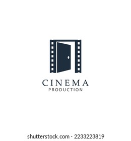 Door film maker logo design. Film strip with door vector illustration for movie studio production graphic template.