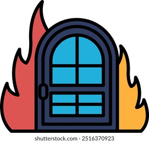 A door with flames surrounding it. The door is blue and has a window. The flames are orange and yellow