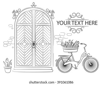 Door with flower tulips and bicycle. Hand drawn sketch illustration isolated on white background
