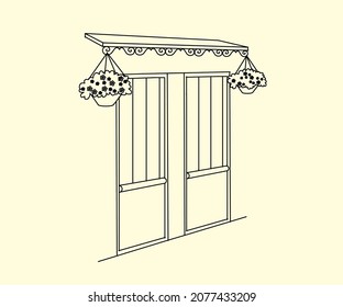 Puerta y flores en un entorno aislado. Entrada por la calle. Esbozo. Ilustración vectorial.