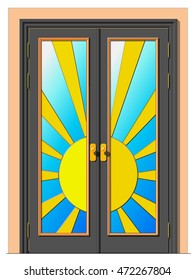 A Door in the form of the sun. Vector illustration of a glazed double leaf door.