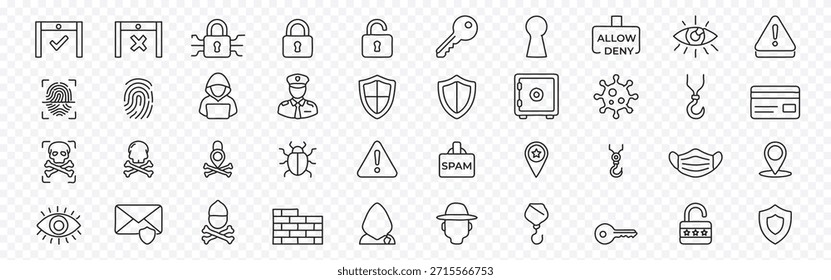  Detector de metales, conjunto de iconos de línea de seguridad, privacidad y protección cibernética: símbolos de contorno editables de cerradura, escudo, huella digital, virus y firewall