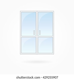 Door frame vector illustration, twin closed doors with two vertical halves. White plastic door with blue sky glass, outdoor objects collection, flat style. Editable isolated design element. Eps 10