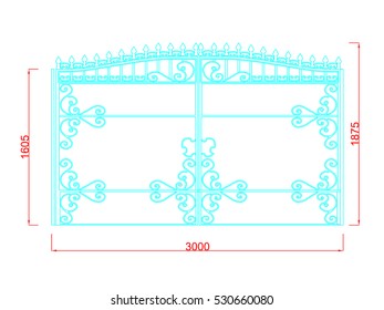 Door gate iron work vector image with dimension green paint in the white background