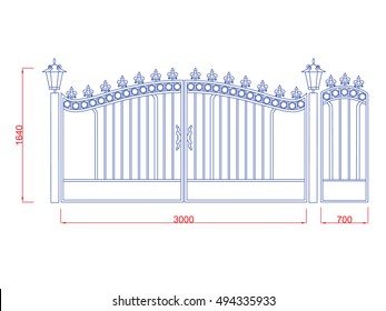 Door gate  vector iron work blue paint with dimension on the white background