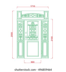 Door gate  vector iron work green paint with dimension on the white background