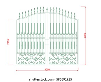 Door gate vector line art with dimension green paint on the white background