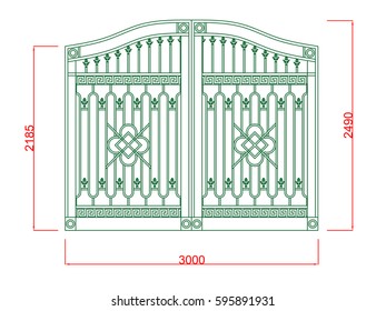 Door gate vector line art with dimension green paint on the white background