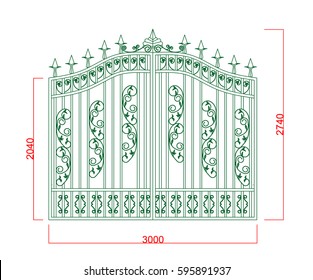 Door gate vector line art with dimension green paint on the white background