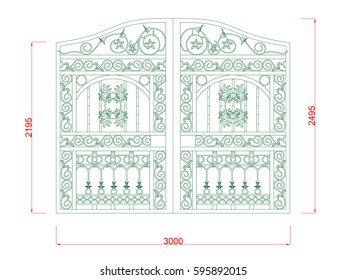 Door gate vector line art with dimension green paint on the white background