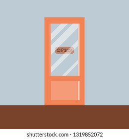 Door with glass illustration. Store door. Open sign. Building element. Entrance of cafe. Pink door