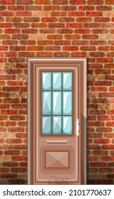 A door with a glass insert on the background of an old brick wall. Vector illustration