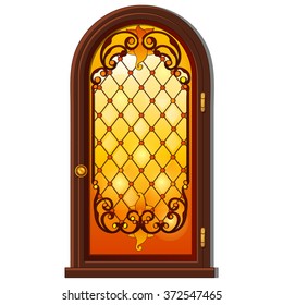 Door with glass in an Oriental style. Vector.