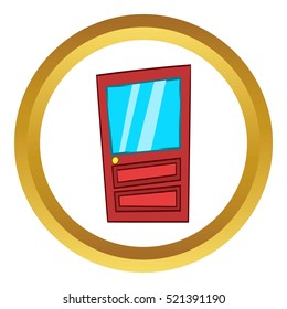Door with glass vector icon in golden circle, cartoon style isolated on white background