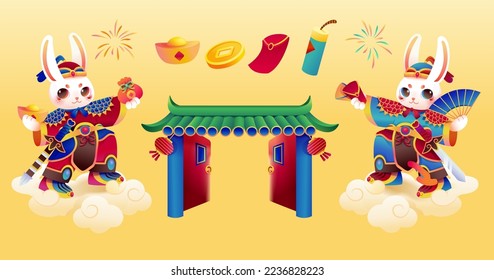 Door gods lunar new year element set isolated on light yellow background. Including rabbit menshen, traditional gate, firework, firecracker, coin, gold ingot, red envelope, and firework.