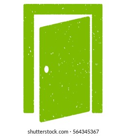 Door grainy textured icon for overlay watermark stamps. Flat symbol with unclean texture. Dotted vector light green ink rubber seal stamp with grunge design on a white background.