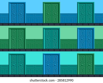 The door to the hallway of the hotel. Seamless pattern in the form of different floors.