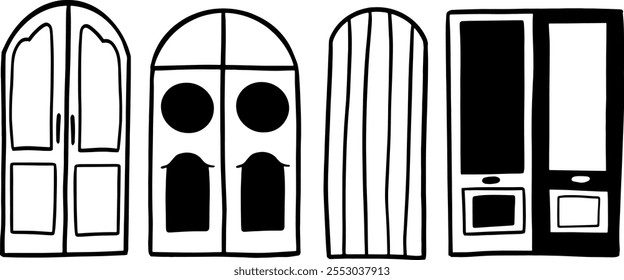 Conjunto Desenhado À Mão De Porta | Vetor de doodle minimalista para projetos arquitetônicos e decorativos