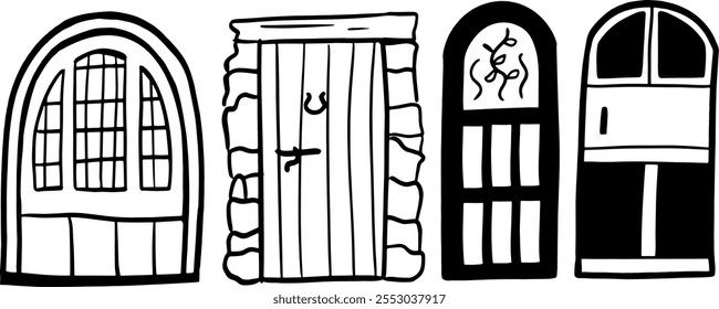 Door Hand-Drawn Set | Minimalist Doodle Vector for Architectural and Decorative Designs