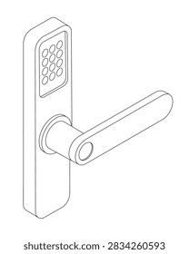 Door handle with digital lock - hand drawn isometric black and white vector illustration.