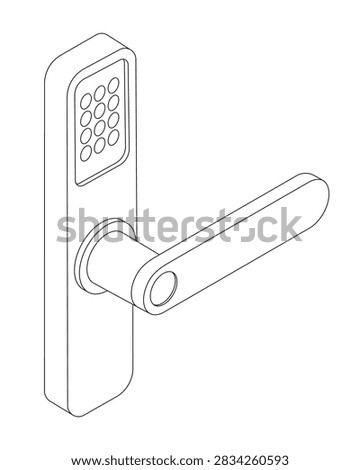 Door handle with digital lock - hand drawn isometric black and white vector illustration.
