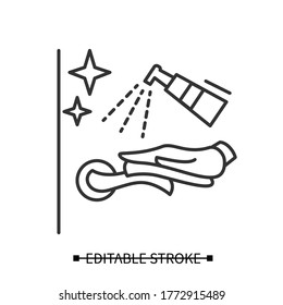 Door handle disinfection icon. Doorknob wiping linear pictogram. Covid infection prevention measures, surface disinfection, sanitizing and householding concept. Editable stroke vector illustration