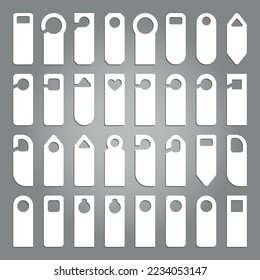 Door handle hanger set. Do not disturb room hotel sign icons collection. Different label on hostel room door illustration. White empty hangers vector template isolated of hanger for handle not disturb