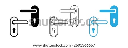 Door handle icon set isolated on white background, vector illustration in three styles,Modern door handle set in black, outlined and blue, security and design details,