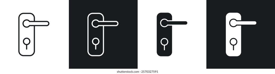 Door handle icons vectors set in black. line and flat versions