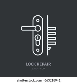 Door handle installation logo, repair flat line icon. Lock cylinder replacement, core fixing thin linear sign for handyman service.