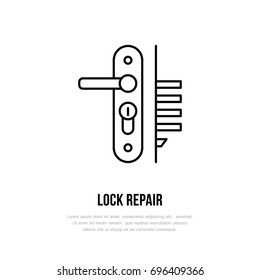 Door handle installation logo, repair flat line icon. Lock cylinder replacement, core fixing thin linear sign for handyman service.