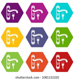 Door handle and key icons 9 set coloful isolated on white for web